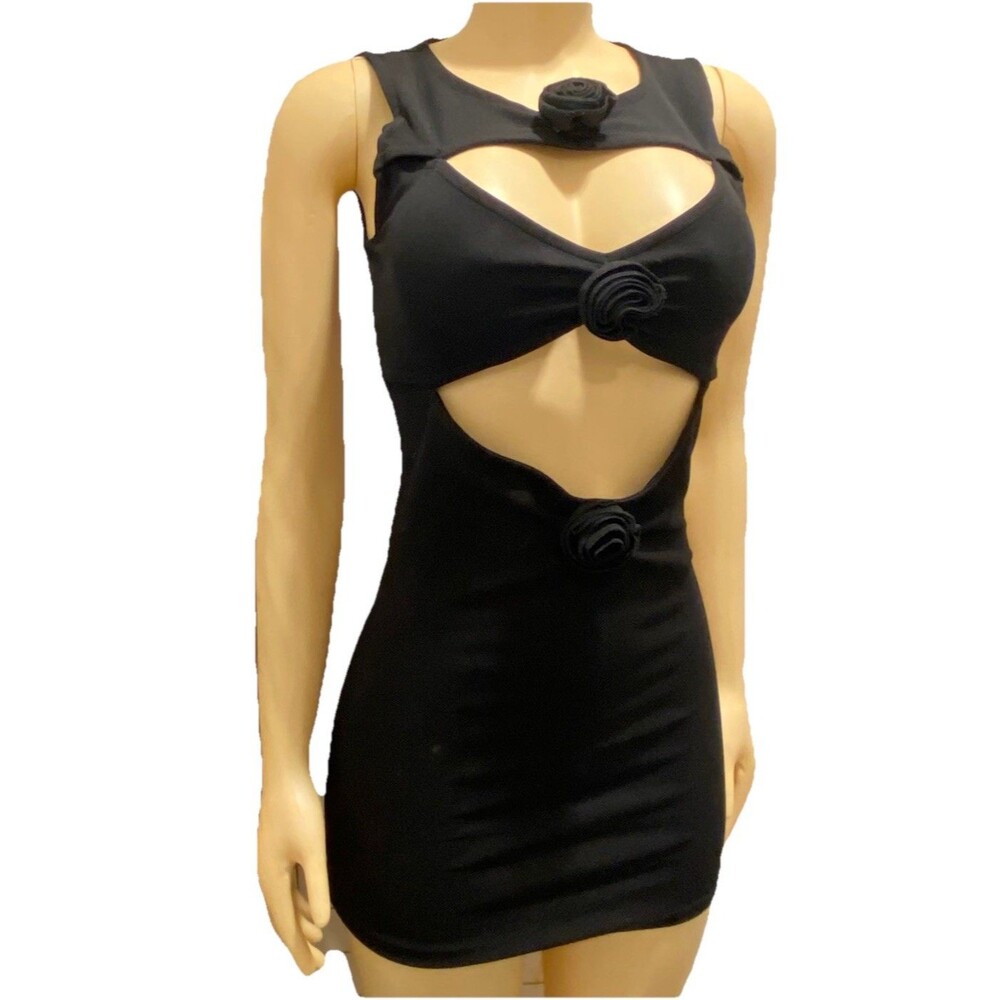 Forever 21 Mini Short Sleeveless Open Front Dress Rose Knot Accents Black Medium